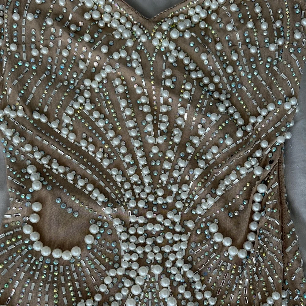 Elegant Beaded Dress in Tan - Picture 2 of 12
